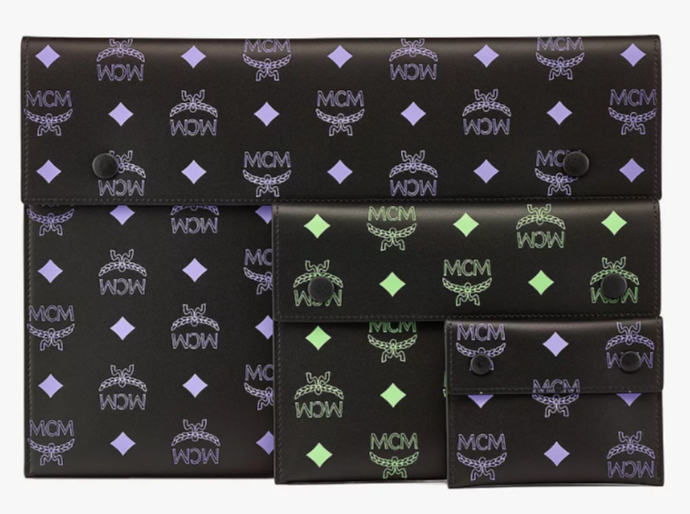 MCM Splash Visetos Leather Pouch Trio Wallet Purple & Green Multicolor  Nwt